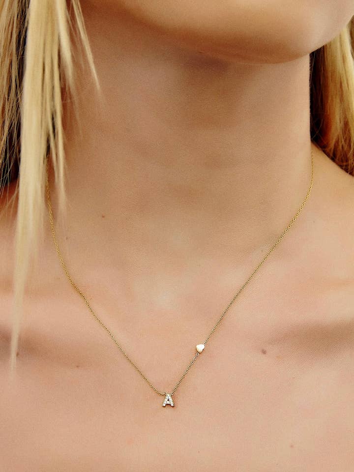 Initial Necklace w Heart Detail & Zirconium Stones for wholesale by Cassette Barcelona