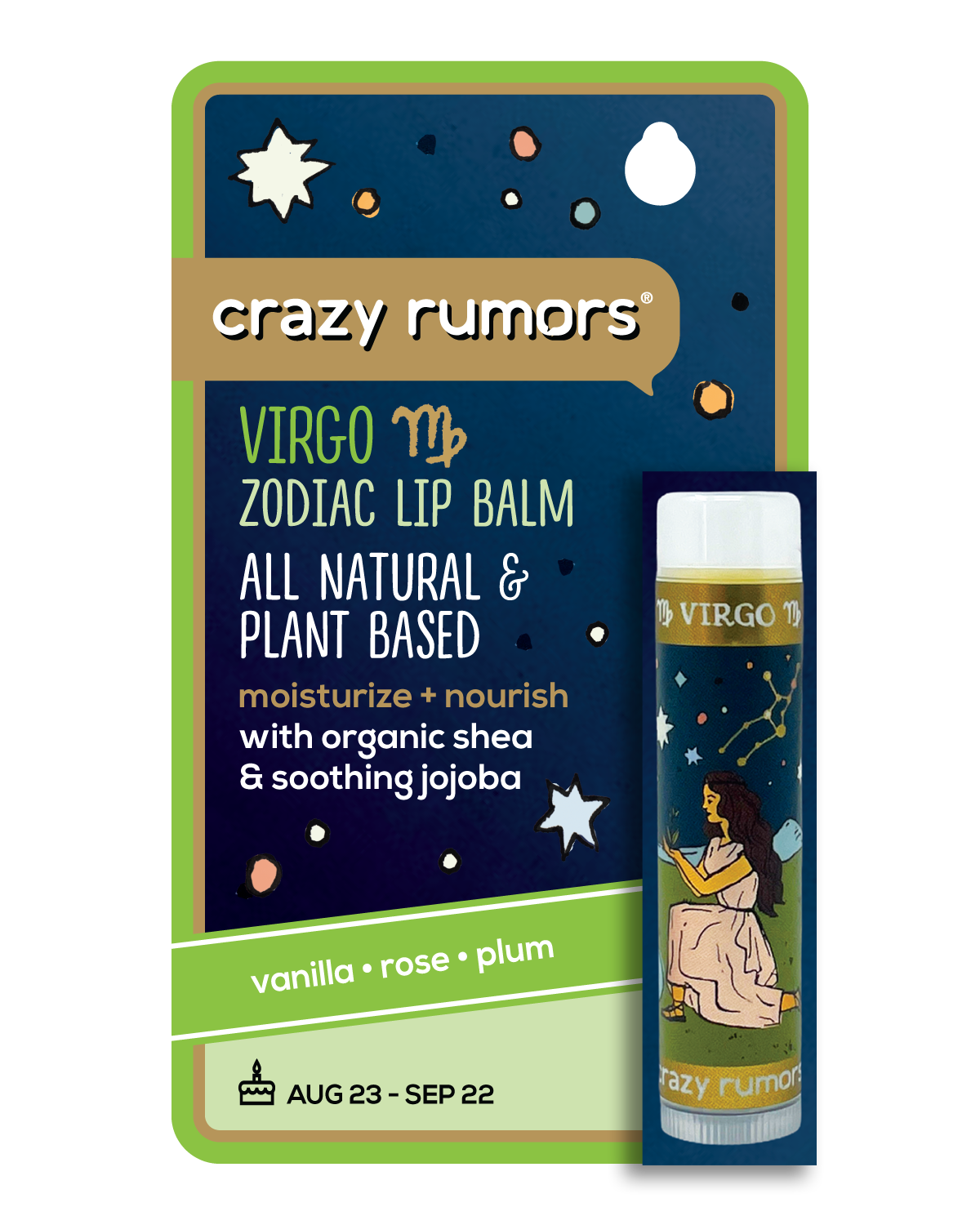 Crazy Rumors - Wholesale Lip Balm - All Natural, Vegan Zodiac Virgo Earth Blend Lip Balm Card1