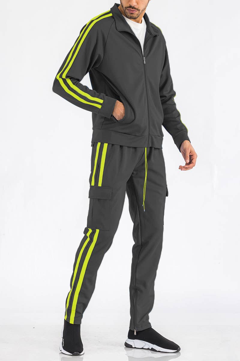 WEIV - Wholesale Tracksuit - Men's - Two Stripe Cargo Pocket Track Suit Set5