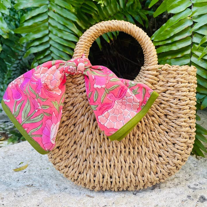 Pastel Poppy - Wholesale Beach Bag - Rattan Purse (Natural) w/ Block Print Bow