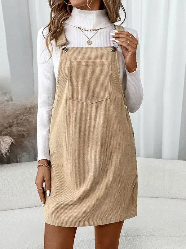 Khaki Vintage Corduroy Overall Dress for Women Casual Style for wholesale on Faire1
