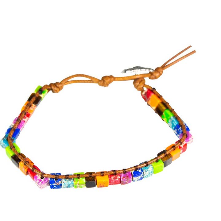 Kheops International - Wholesale Woven/Braided Bracelet - Adj Weave Bracelet Sq Beads Chakra Imperial Jasper,Tiger Eye
