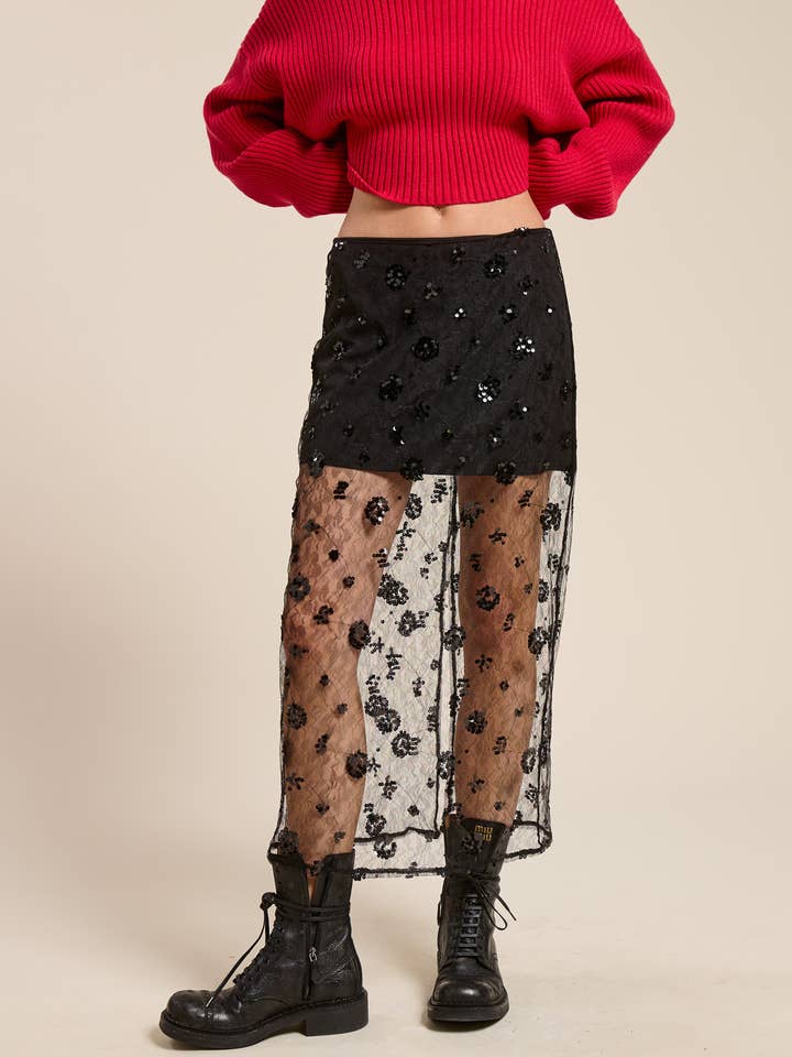 Floral Sequin Sheer Lace Midi Skirt for wholesale by Mimosa