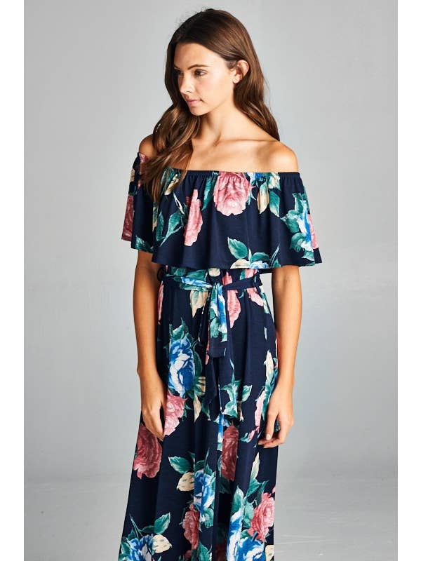 Navy ETD-526 Floral Off-Shoulder Maxi Dress for wholesale on Faire