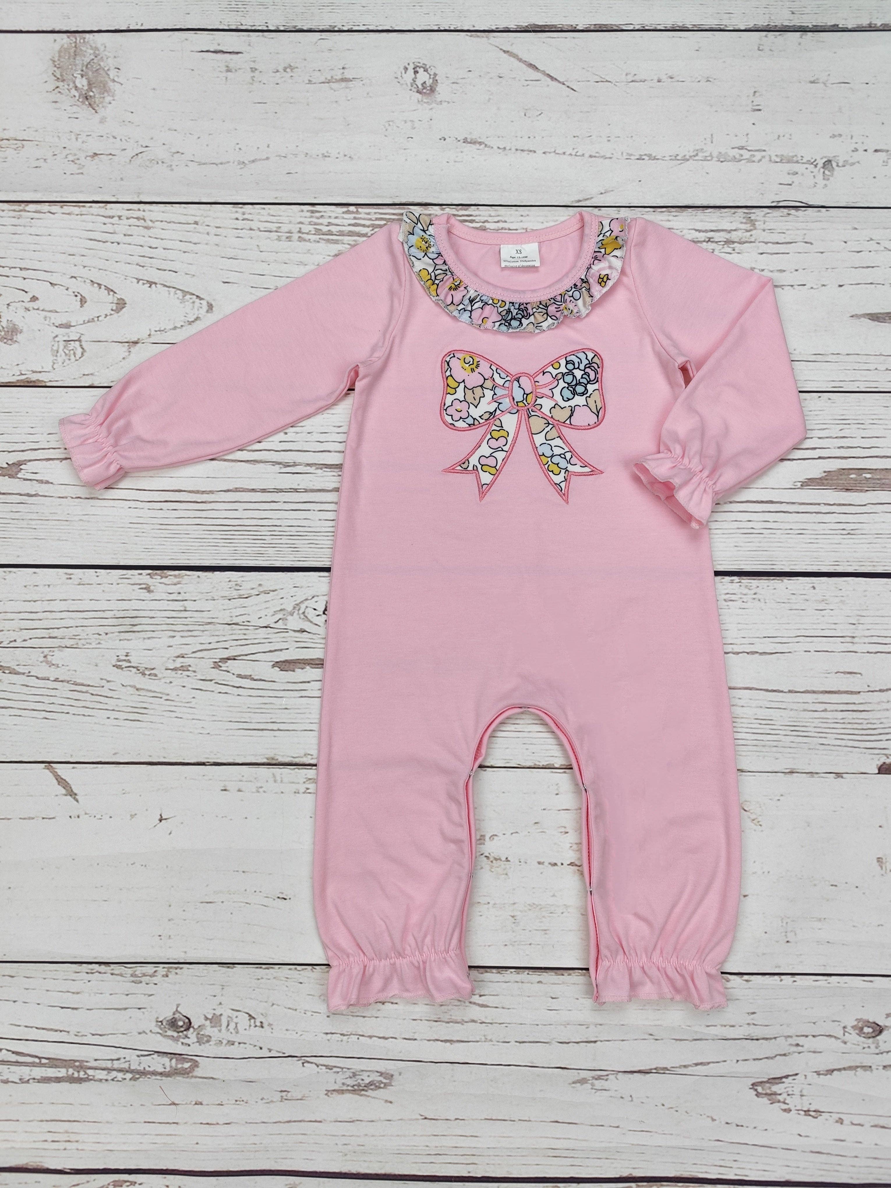 sassy kids palace – wholesale Jumpsuit – Baby – Baby Girls Pink Bow Appliqué Romper0