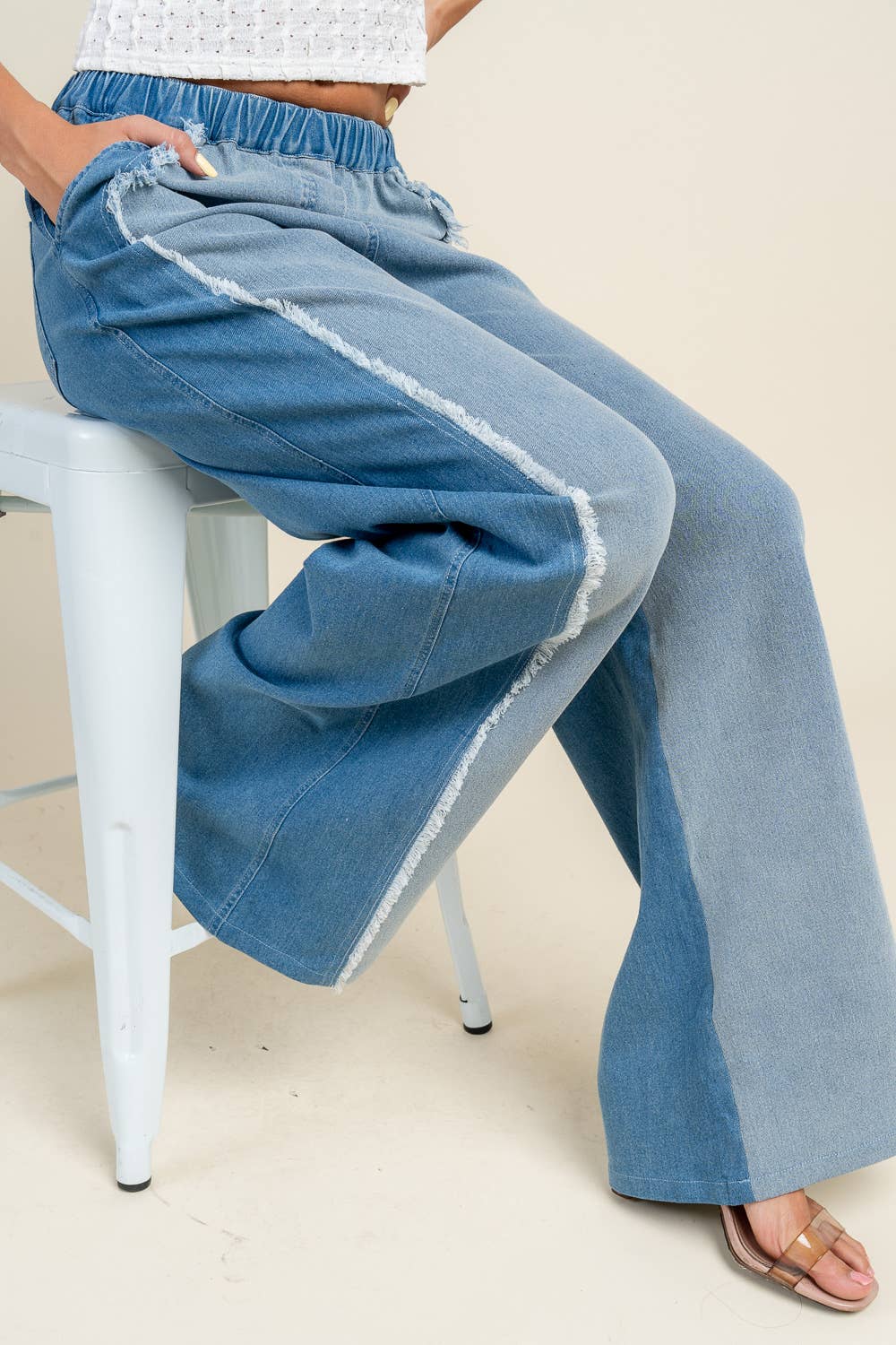 LIGHT INDIGO BP4837N / DENIM COLOR BLOCK WIDE LEG PANTS W/FRAY EDGE
 for wholesale on Faire7