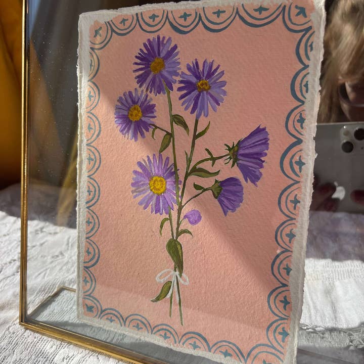 glad you're here co - Wholesale Painting/Drawing - Original September Birth Month Flower – Aster Flower Painting on Handmade Paper – Vintage Botanical Artwork for Elegance & Valor1