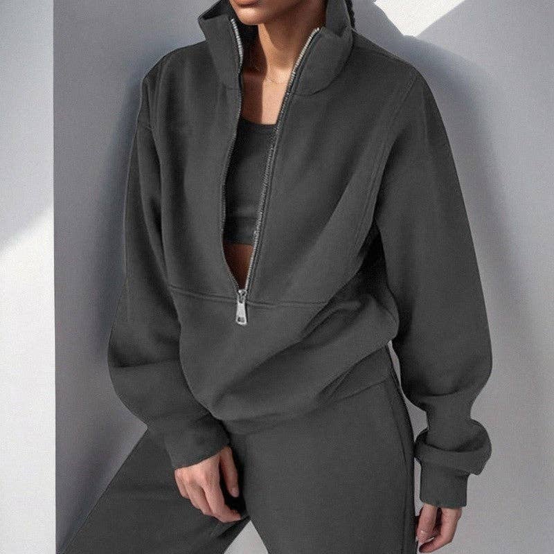 Plush Looks - Wholesale Lounge Set - Women's - Fleece Half-Zip Hoodie And Joggers Set0