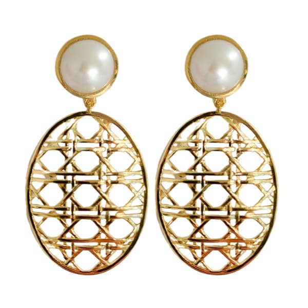 Remy Wicker Gold Oval & Pearl Earrings for wholesale by M Donohue Collection