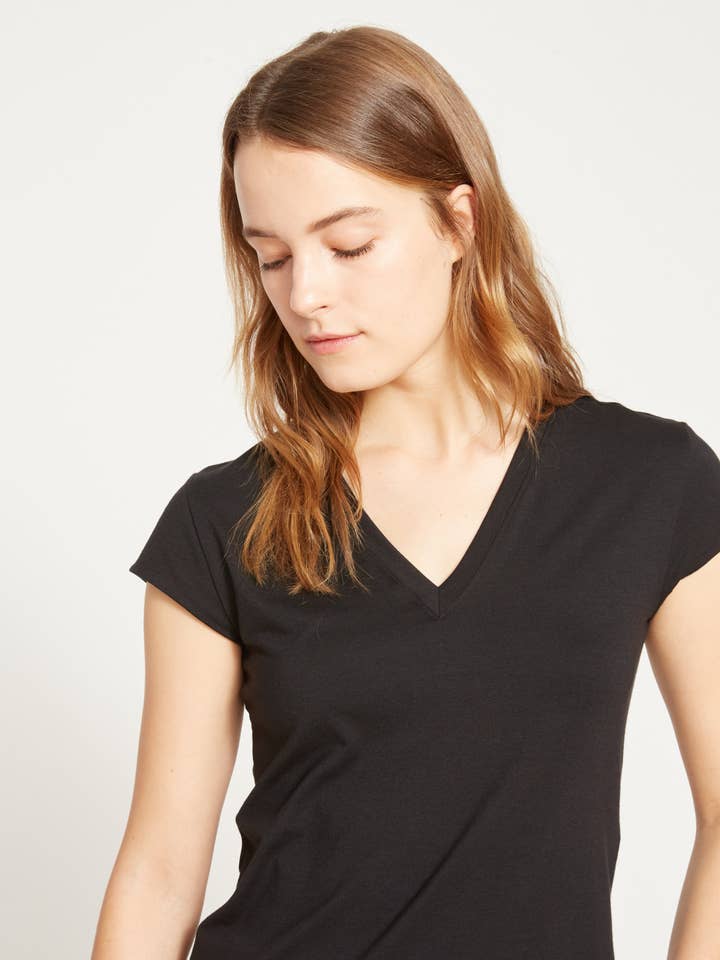 Ashley V Neck Cap Sleeve Tee - Black for wholesale by Universal Standard