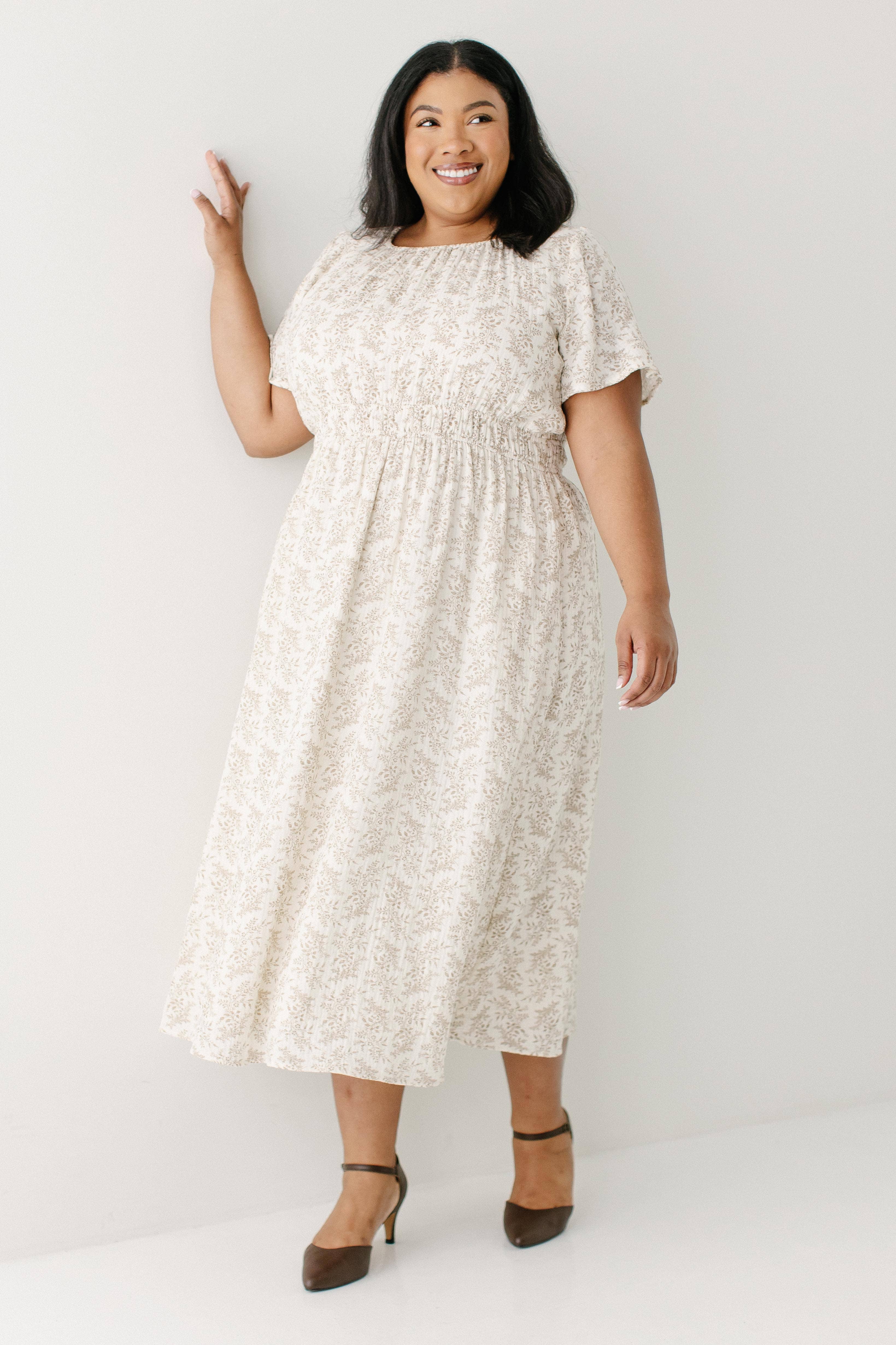 Ivory 'Cynthia' Botanical Print Cotton Gauze Midi Dress for wholesale on Faire5