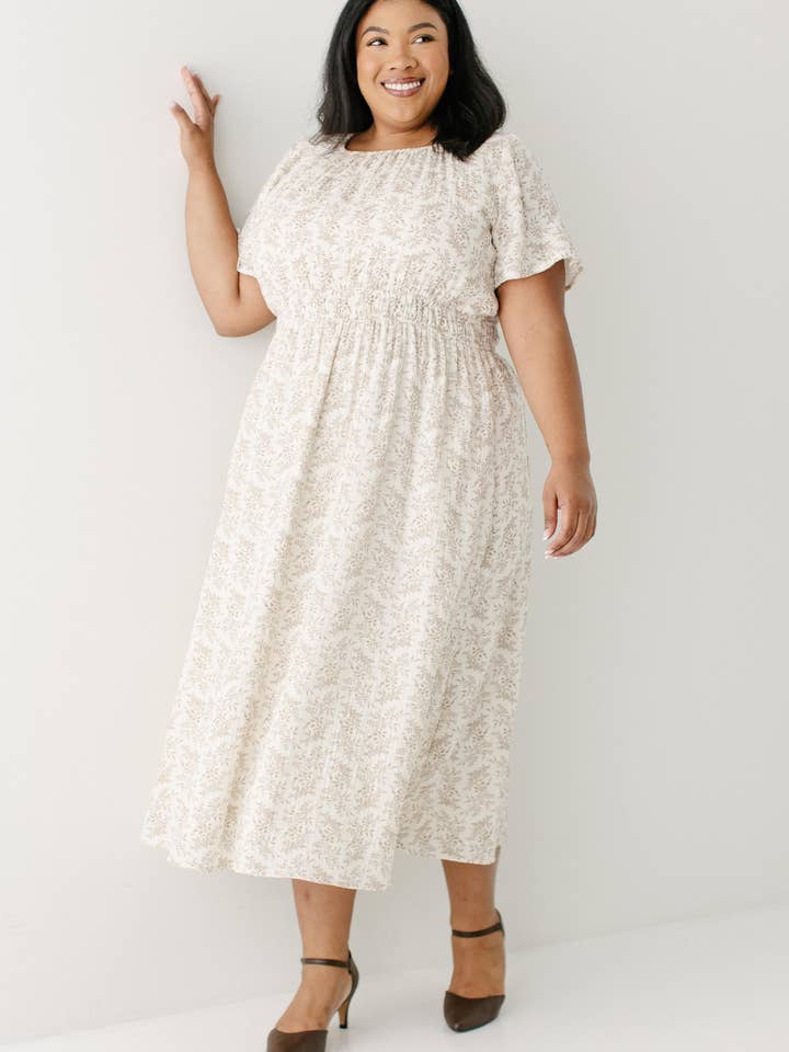 Ivory 'Cynthia' Botanical Print Cotton Gauze Midi Dress for wholesale on Faire5