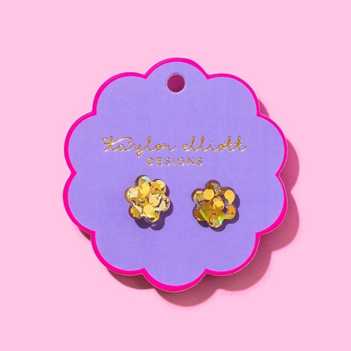 *ON SALE* Stud Earrings - Acrylic Flowers - Gold Confetti for wholesale by Taylor Elliott Designs