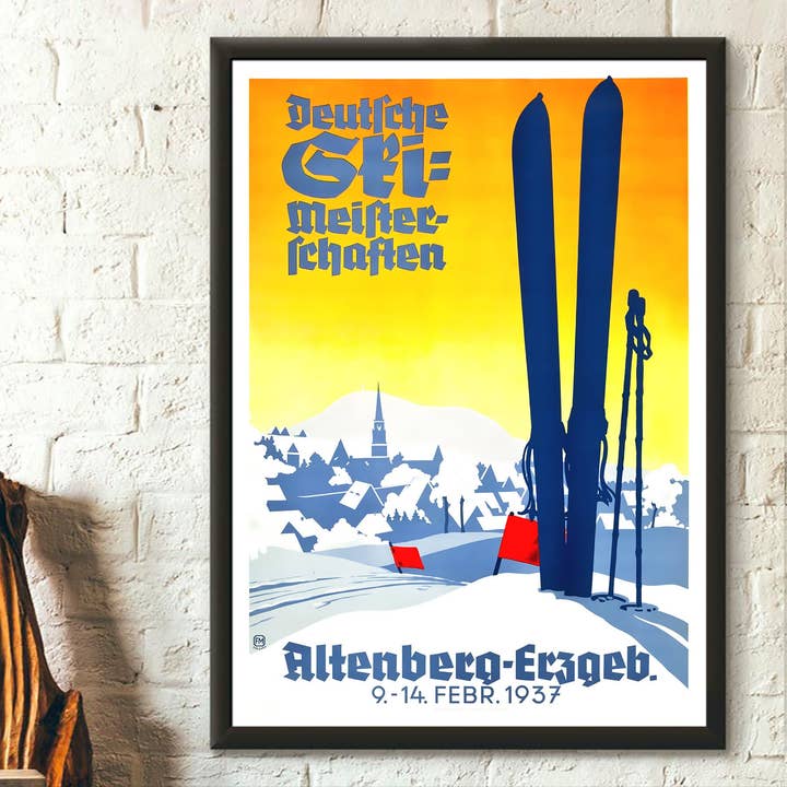 Cartel de turismo de esquí alemán vintage de 1937 - Arte de deportes de invierno para venta al por mayor de Vintage Wall Graphics