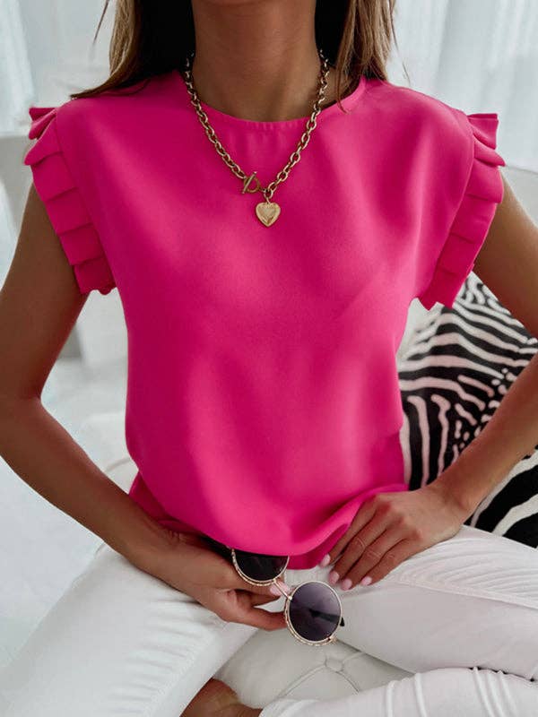 UZ Wholesale Store - Vendita all'ingrosso Camicetta - Donna - T-shirt con scollo tondo a pieghe larghe in tinta unita in tinta unita6