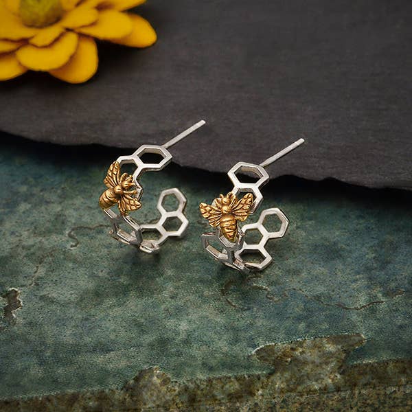 Nina Designs - Wholesale Huggie Earrings - Silver Honeycomb Hoop Huggie Earring with Bronze Bee 17x15mm