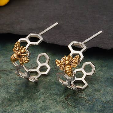 Nina Designs - Wholesale Huggie Earrings - Silver Honeycomb Hoop Huggie Earring with Bronze Bee 17x15mm0