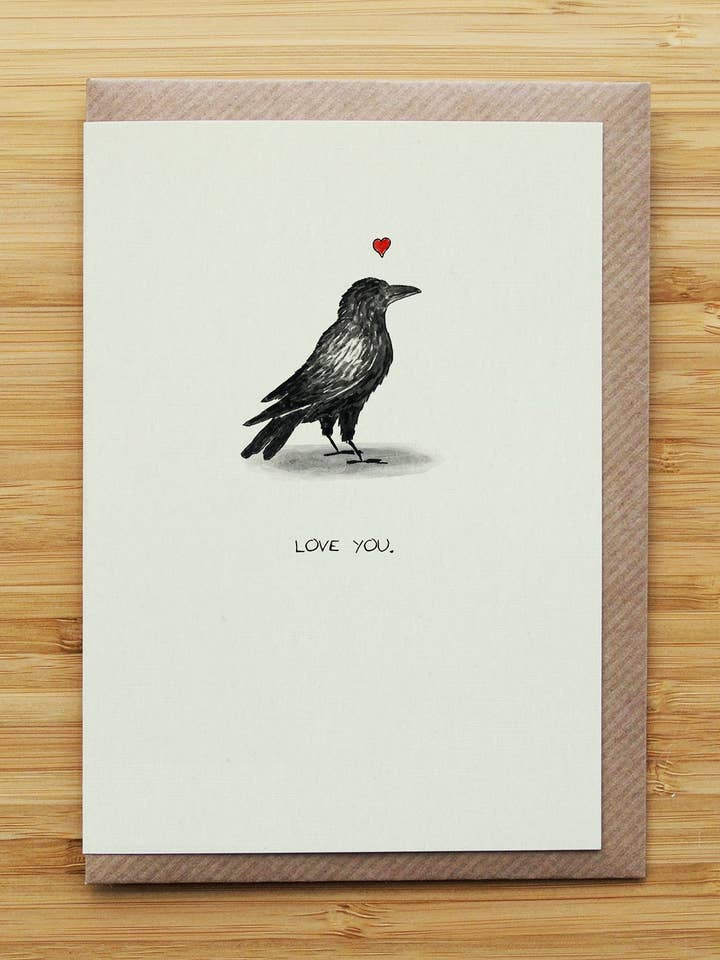 Love Crow Card - Cute - Valentines - Heart - Recycled for wholesale by RossJDesigns