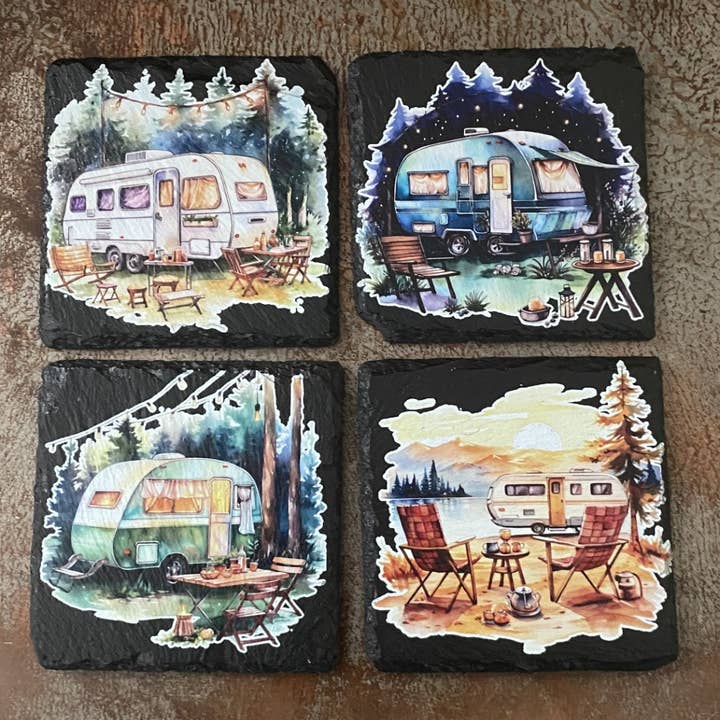 Camping Slate Coaster Set for wholesale by Cut-n-rust LLC