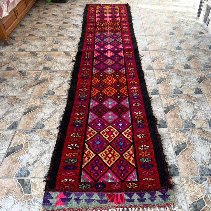 Herki Wool Rug - Kurdish Tribal Deep Red Hue 3x12 for wholesale by Oushak Rugs