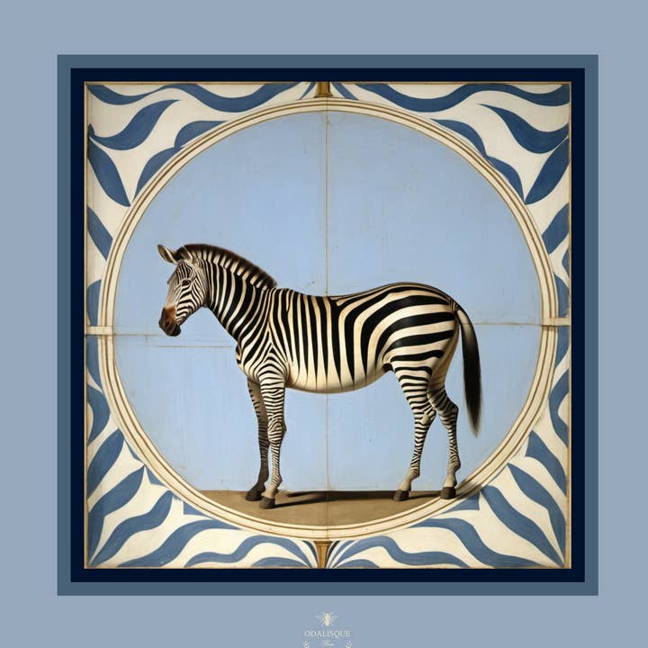 Blue silk twill scarf "the Zebra" for wholesale by Odalisque Paris