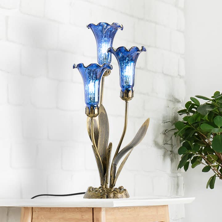 21"H Blue Mercury Glass 3 Lily Uplight Table Lamp for wholesale by River of Goods