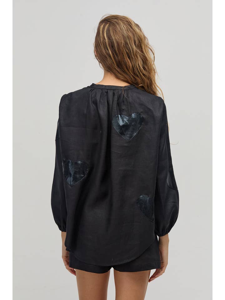 Cupid Linen Shirt - Black with Metallic Black Hearts for wholesale on Faire18