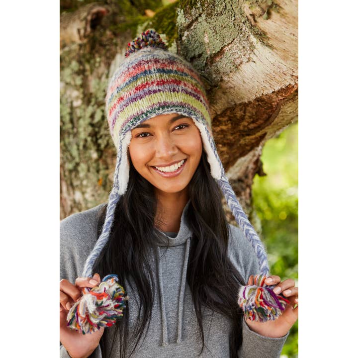 One Colour Coroico - Stripey Soft Mohair Wool Knitted Ear Flap Hat for wholesale on Faire