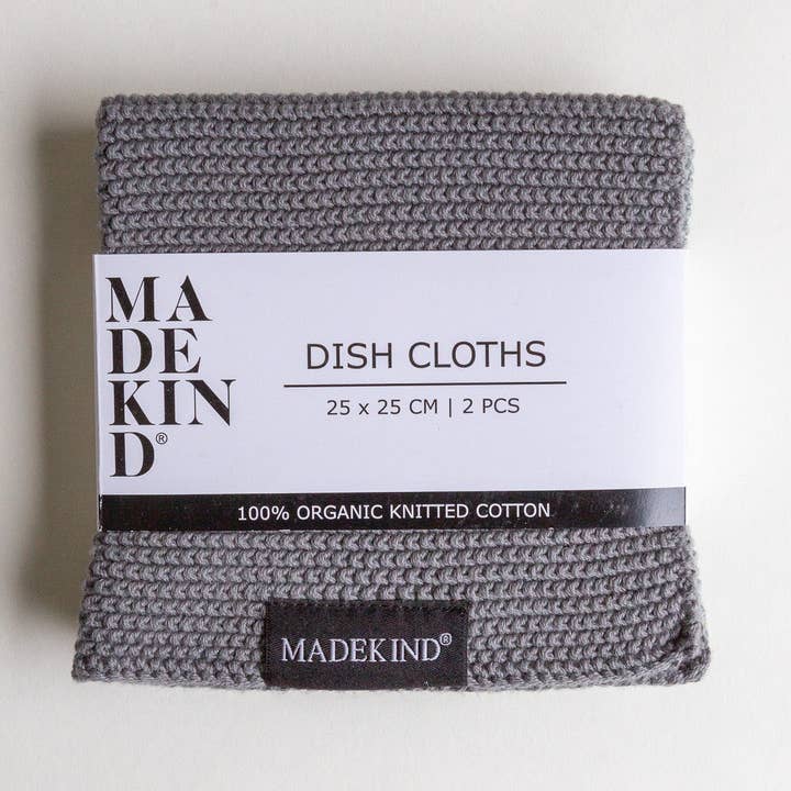 Organic Cotton Knitted Dishcloth, Charcoal Grey - Set of 2 for wholesale by MadeKind