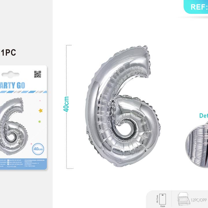 40CM Silver Number 6 Foil Balloon Pack 1PCS*12PACKS for wholesale by Party Go