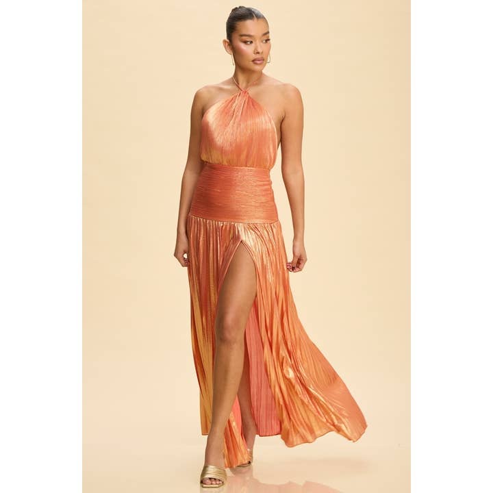 PLEATED METALLIC HALTER GOWN for wholesale by Luxxel