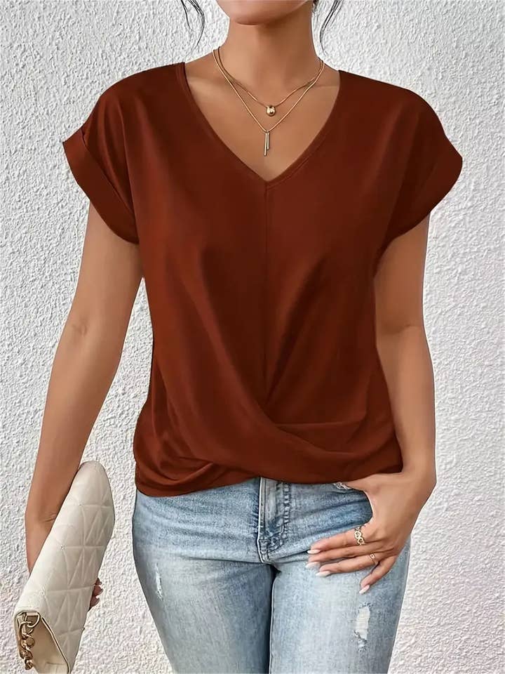 Rosa Clothing - Wholesale T-Shirt - Women's - Solid Color V-Neck T-Shirt Elegant Short Sleeve Top