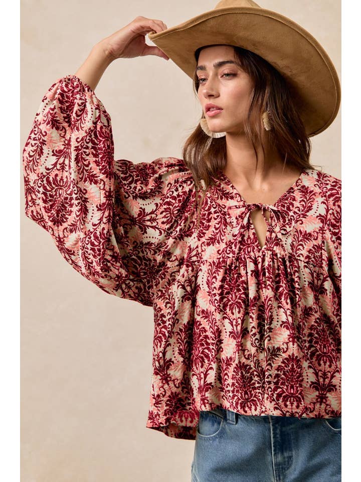 Vanilla Monkey - Wholesale Blouse - Women's - Printed Woven Front Tied Top With Baloon Sleeve6