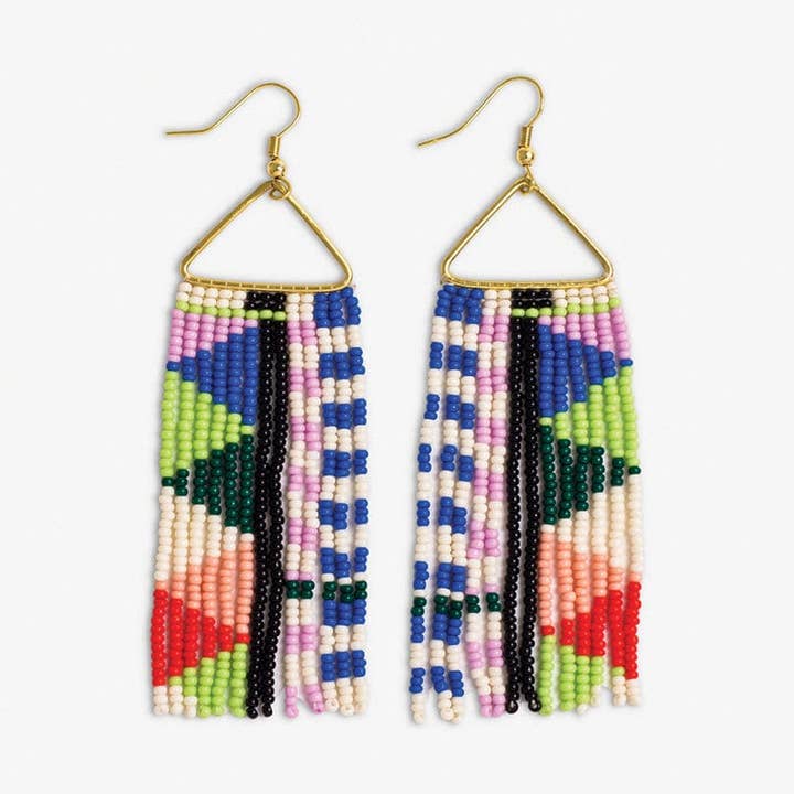 Brooke Mixed Checks And Triangles Beaded Fringe Earrings Rio Wholesale for wholesale by INK + ALLOY