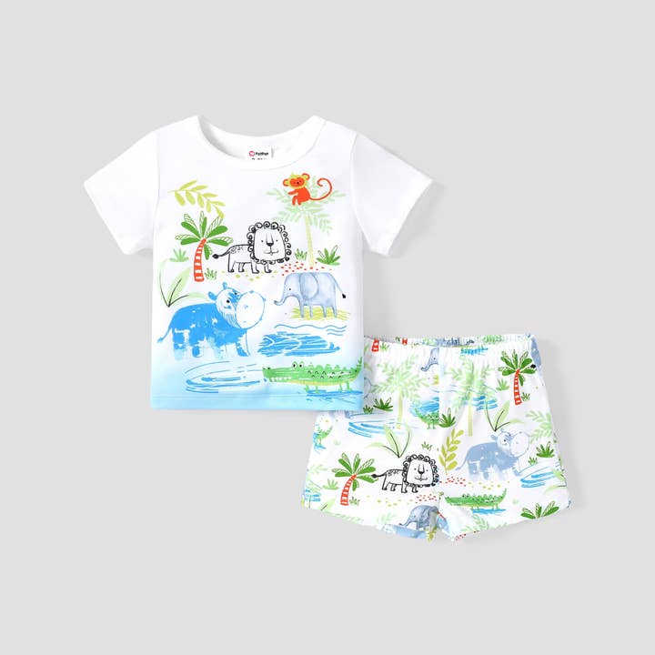 Original White 2PCS Baby Boy Childlike Animal Pattern T-shirt & Pants Sets for wholesale on Faire