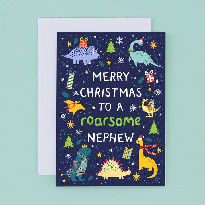 Dinosaur Christmas Card For Nephew, Best Seller (Case of 6) for wholesale by Pear Tree Press