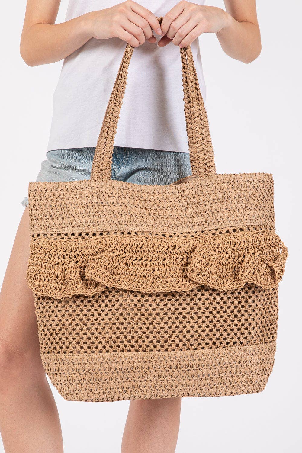 MiMi Wholesale - Wholesale Tote Bag - Women's - MB0272 Ruffle Detail Crochet Straw Tote Bag3