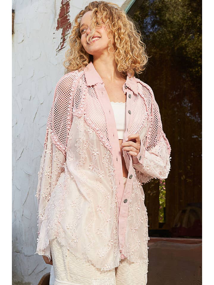Pol Clothing - Wholesale Button Down Shirt - Women's - See through crochet patch peral trim button down shirt