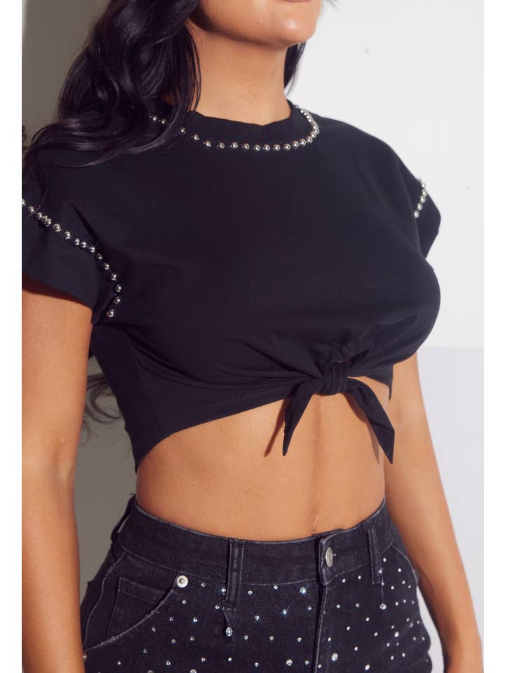 WFFS - Vente T-shirt – femme - T-shirt en coton mélangé à taille ceinturée et clous métalliques