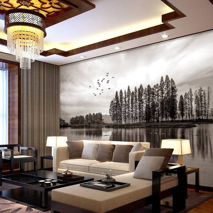 Dark Forest Monochrome Lake Landscape verwijderbaar behang voor wholesale door GK Home Decor