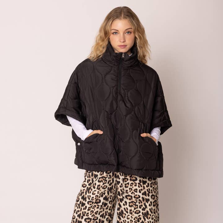 Fashion City – wholesale Poncho – Women's – Stand Up Collar Quilted Cape Poncho Jacket