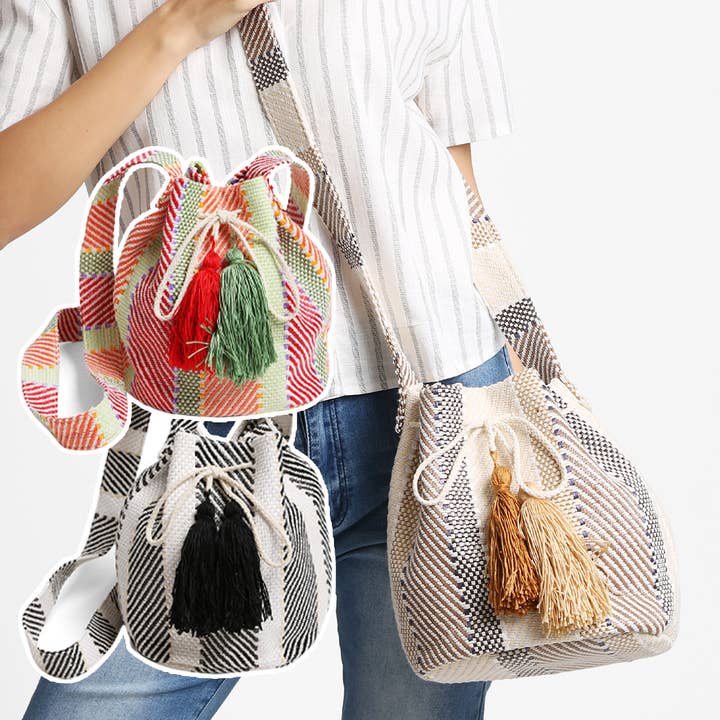 Fashion City - Wholesale Crossbody Bag - Women's - Striped Pattern Crossbody Bucket Bag with Tassels