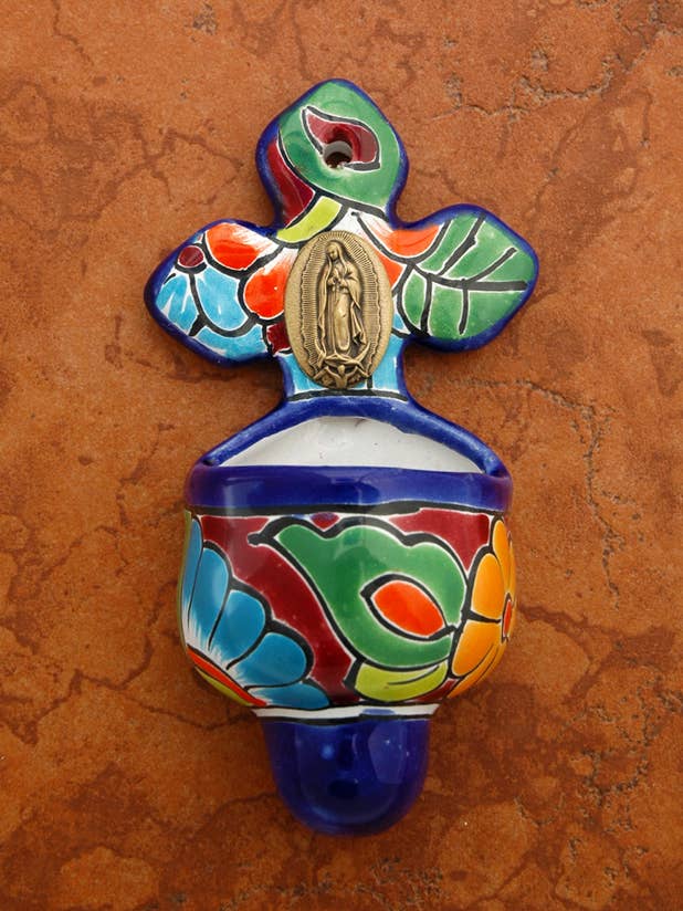 MXT33GD-Croix Murale Style Talavera Mexicain - Bénitier pour la vente par Contreras Designs