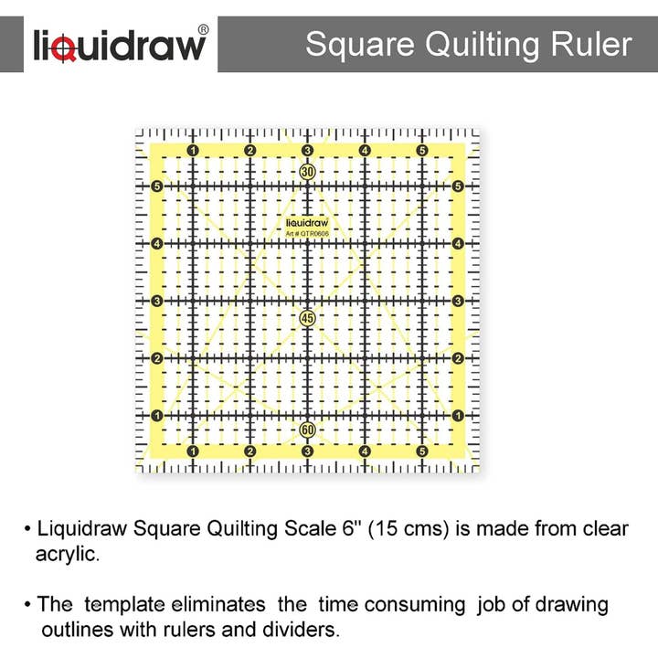 Liquidraw - Wholesale Craft tool - Liquidraw Square Quilting Ruler, Acrylic Quilting Square Template, Imperial 6" x 6"3