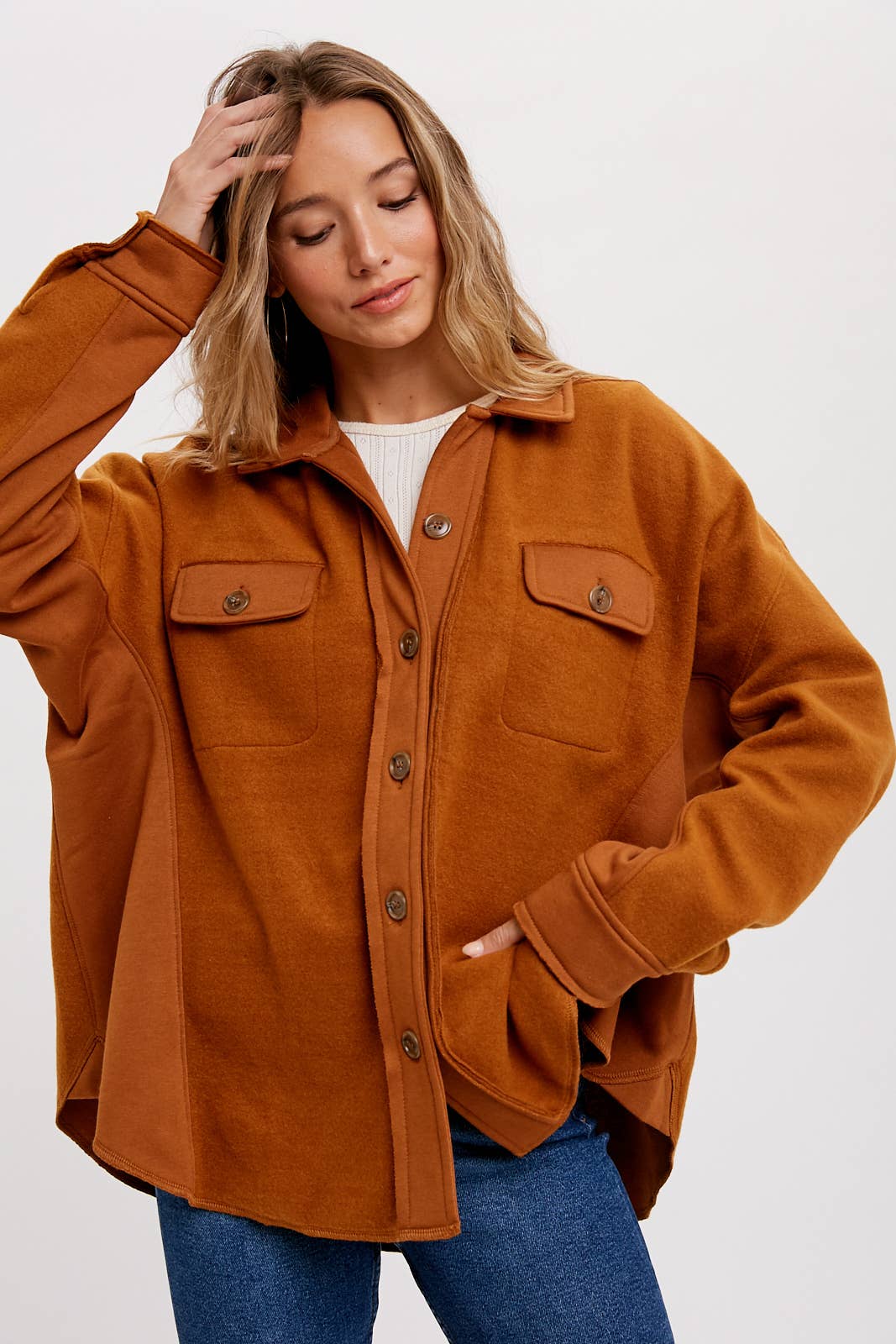 Bluivy – Engroshandel Skjortejakke/shacket – til kvinder – BØRSTET TERRY KNAP OP SHACKET10