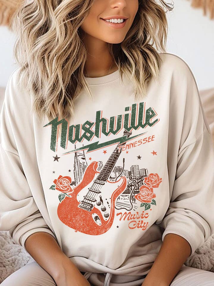NASHVILLE ROSE MUSIC CITY GRAPHIC BRUSHED SWEATSHIRTS for wholesale by Rustee Clothing