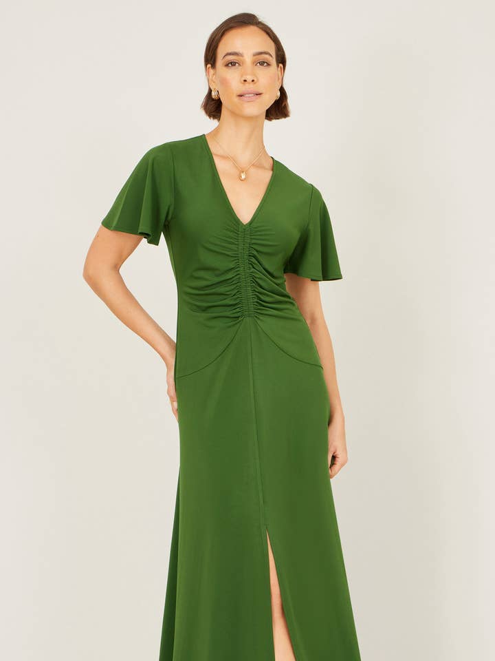 Yumi Green Ruched Front Stretch Midi Dress for wholesale by Yumi