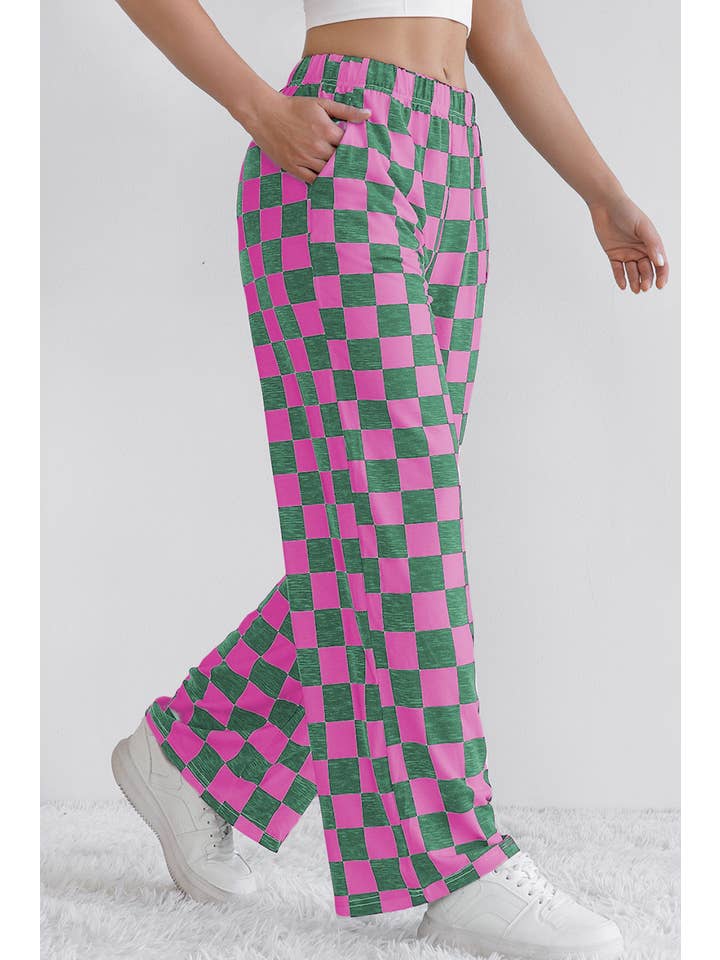 LA Society - Wholesale Pants - Women's - Checkered Print High Waist Wide Leg Pants