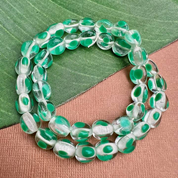 Vintage Crystal & Green Dotted 3-Sided Glass Beads for wholesale by Bead Goes On