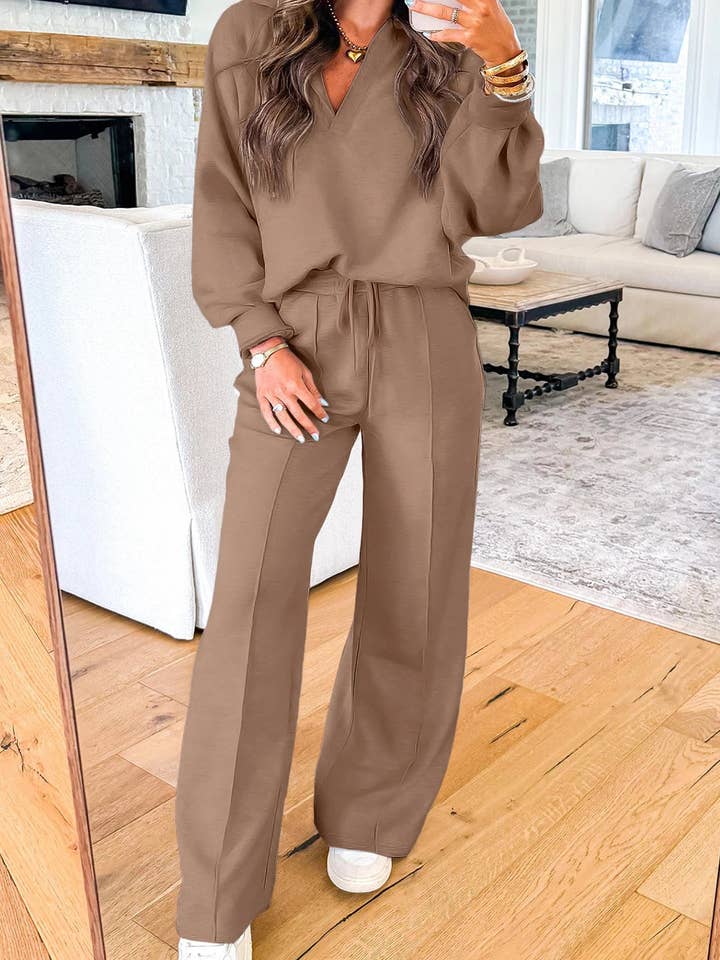 Lovesoft - Wholesale Lounge Set - Women's - Light Grey Polo Collar V Neck Pullover and Drawstring Sweatpants Set4